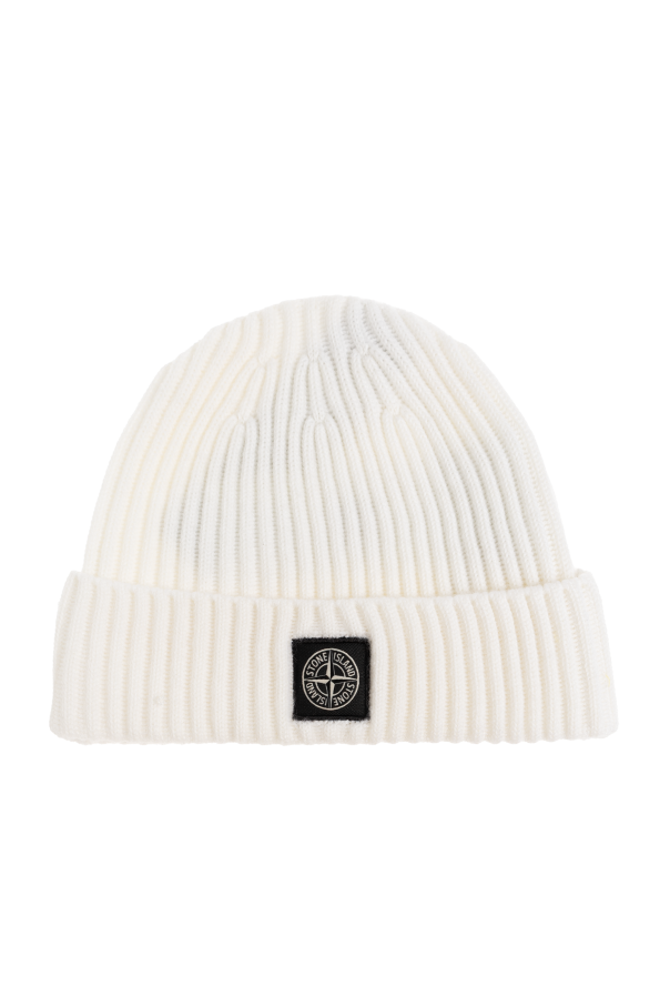 Stone Island Junior Stone Island Junior cream Wool beanie with logo patch